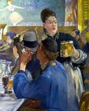 Manet's paintings of cafe scenes are observations of social life in 19th-century Paris. People are depicted drinking beer, listening to music, flirting, reading, or waiting. Many of these paintings were based on sketches executed on the spot. He often visited the Brasserie Reichshoffen on boulevard de Rochechourt, upon which he based At the Cafe in 1878.<br/><br/>

Several people are at the bar, and one woman confronts the viewer while others wait to be served. Such depictions represent the painted journal of a flâneur. These are painted in a style which is loose, referencing Hals and Velázquez, yet they capture the mood and feeling of Parisian night life. They are painted snapshots of bohemianism, urban working people, as well as some of the bourgeoisie.
